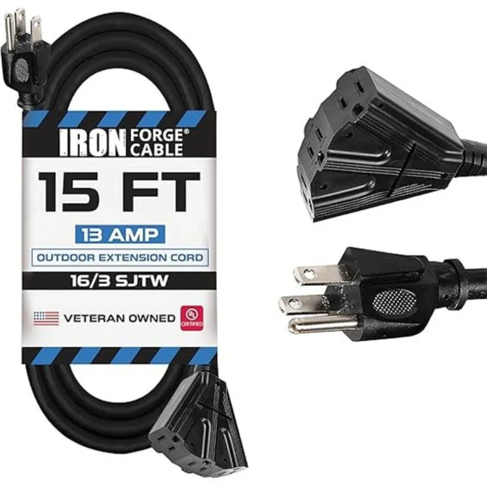 3 Outlet Outdoor Extension Cord 15 ft, 16/3 SJTW Black Extension Cord